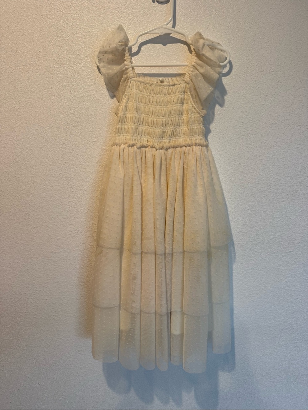 Cream Tiered Tulle Dress with Puff Sleeves for Girls